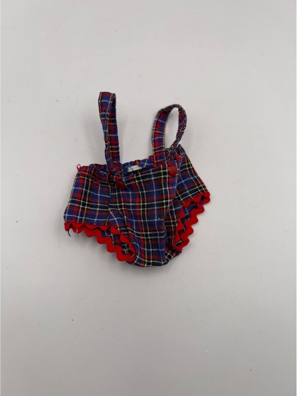 Vintage Plaid Doll Romper Sunsuit Red Rick Rack Trim Button Accent Bloomers